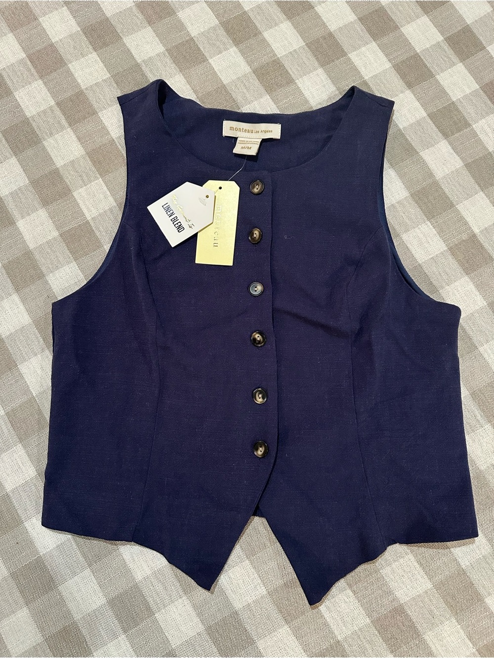 Monteau Navy Linen-blend Button Front Women’s Vest NWT